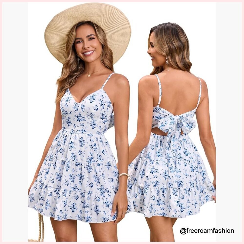 Women's Floral Mini Sundress V-Neck Backless Boho Beach Casual Dress